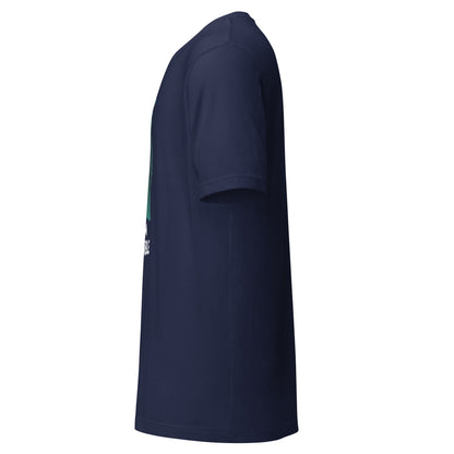 LuckeLadybug navy short sleeve side view showing chest print on invisible man graphic t-shirt for casual wear