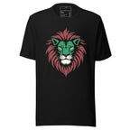 LuckeLadybug black T shirt featuring a stylized green and red lion design Kenyan colors lion t-shirt with white accents