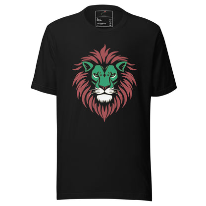 LuckeLadybug black T shirt featuring a stylized green and red lion design Kenyan colors lion t-shirt with white accents