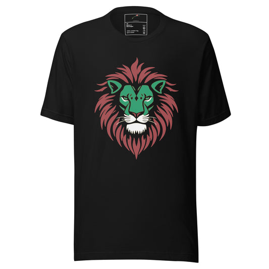 LuckeLadybug black T shirt featuring a stylized green and red lion design Kenyan colors lion t-shirt with white accents