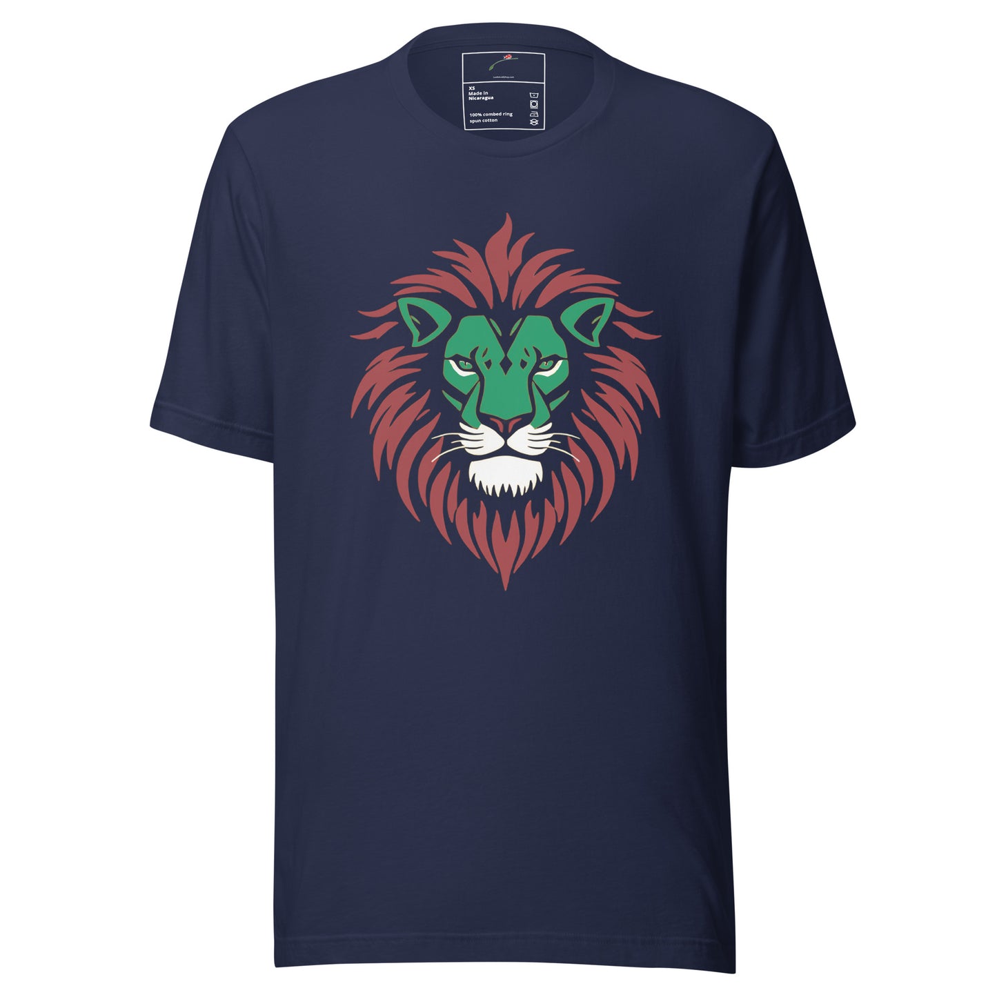 LuckeLadybug navy cotton tee with Kenyan colors lion t-shirt graphic centered bold green and red lion face