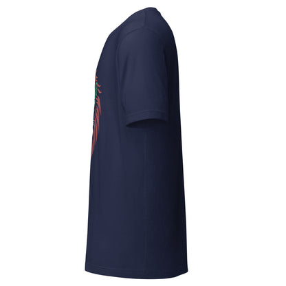 LuckeLadybug navy short sleeve tee side view with stylized Kenyan colors lion t-shirt graphic on front