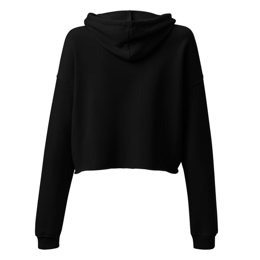 Black LuckeLadybug koala crop top hoodie with long sleeves and hood shown from the back