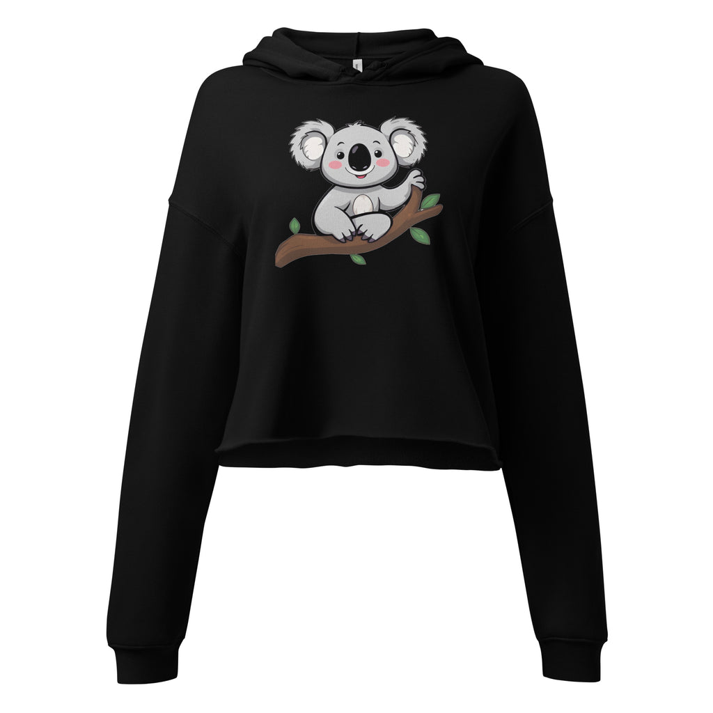 Black koala crop top hoodie with cute koala graphic on branch from LuckeLadybug