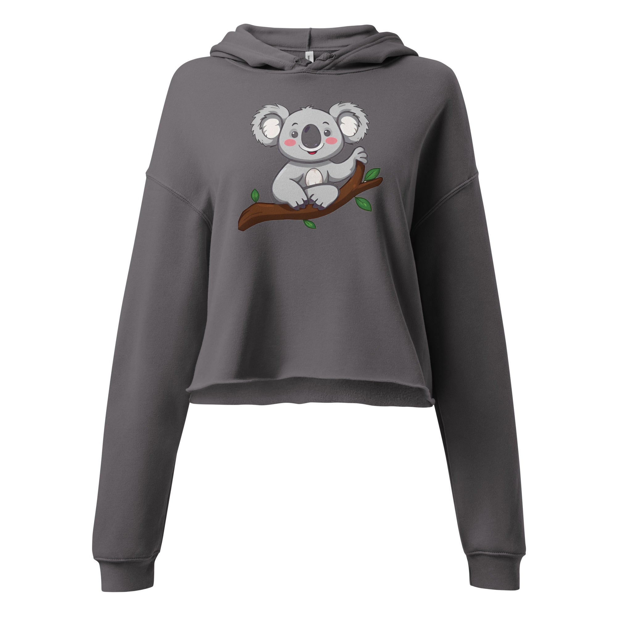Gray koala crop top hoodie with hood and long sleeves featuring a cute koala on a branch graphic