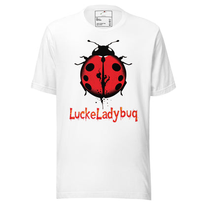 White T-shirt featuring a red and black ladybug graphic and LuckeLadybug text ladybug graphic t-shirt