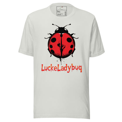 White ladybug graphic t-shirt with red and black ladybug design from luckeladybug