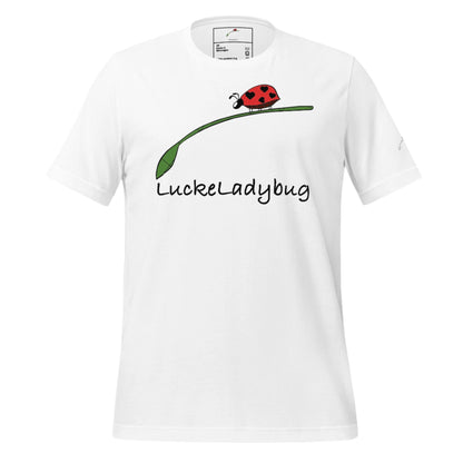 White LuckeLadybug T-shirt with ladybug print shirt men design on green stem