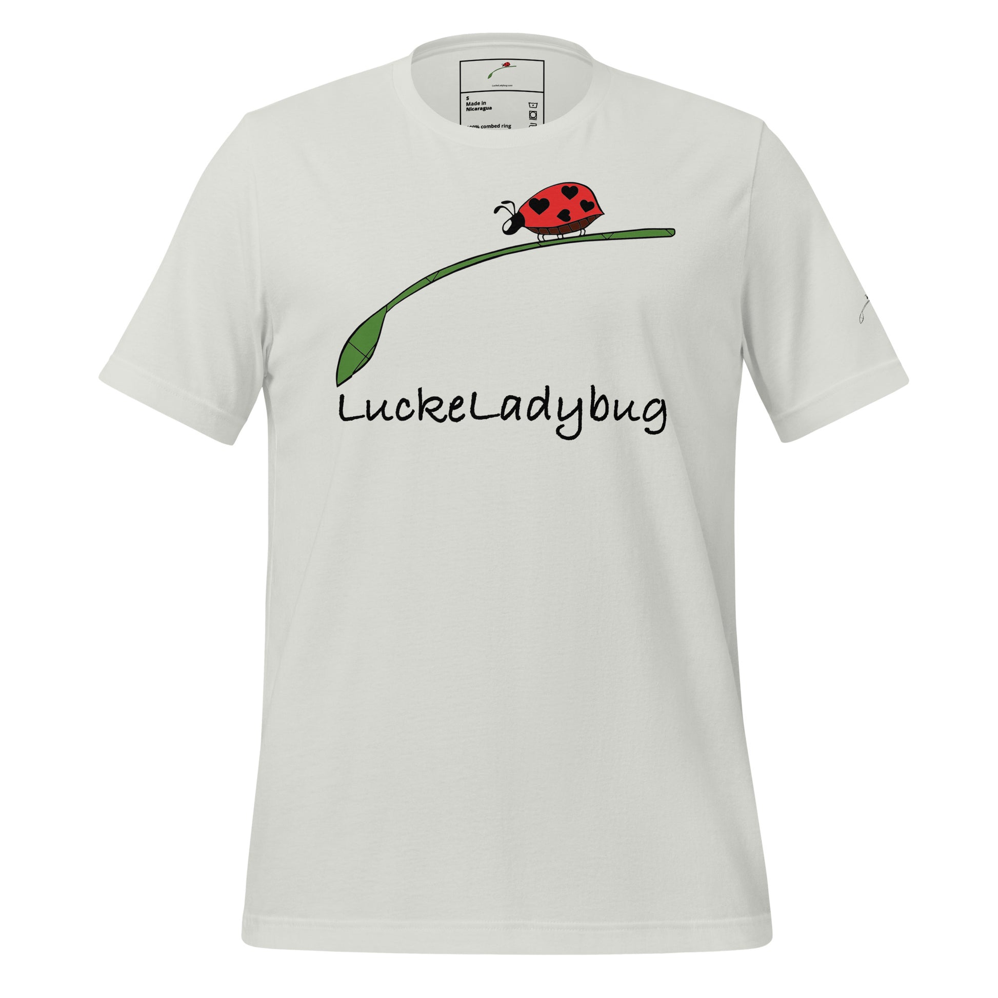 White LuckeLadybug T-shirt with a ladybug print shirt men design on the front