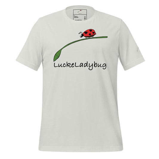 White LuckeLadybug T-shirt with a ladybug print shirt men design on the front