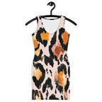 LuckeLadybug leopard print bodycon dress in tan black and orange colors sleeveless design
