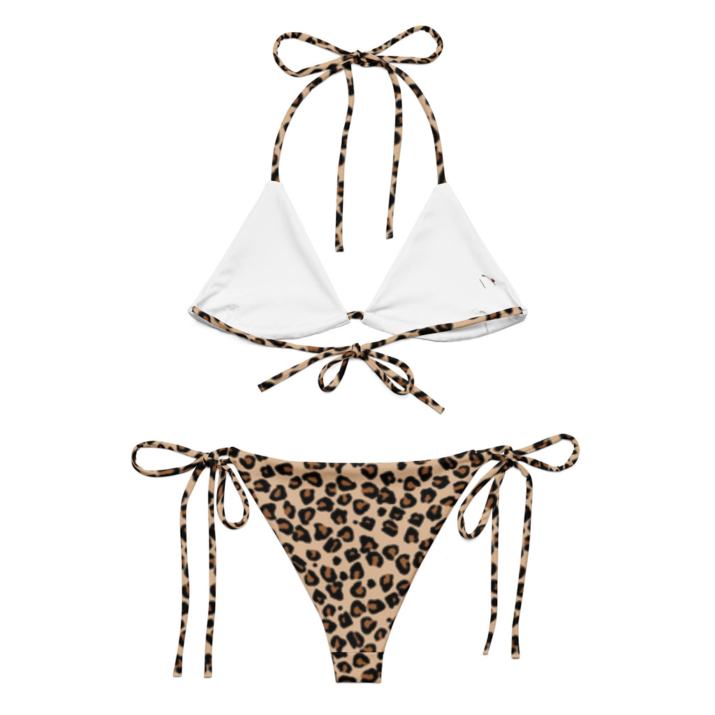 leopard print string bikini with white triangle top and adjustable side tie bottoms