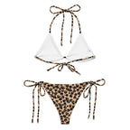 leopard print string bikini with white triangle top and adjustable side tie bottoms