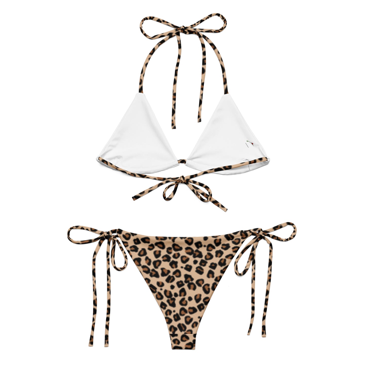 leopard print string bikini with white triangle top and adjustable side tie bottoms