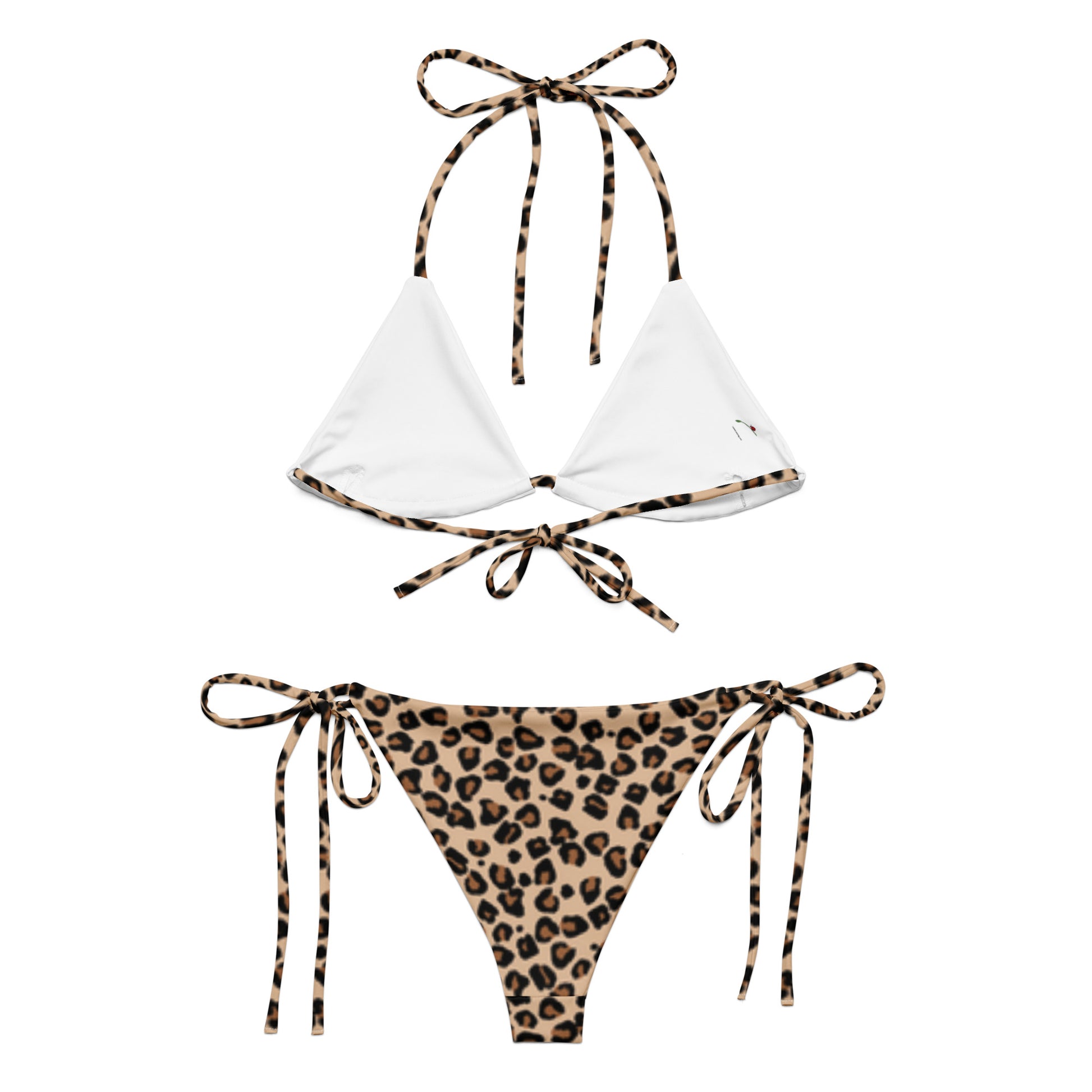 leopard print string bikini with white triangle top and adjustable side tie bottoms