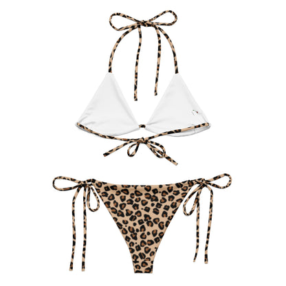 leopard print string bikini with white triangle top and adjustable side tie bottoms