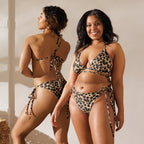 Two women wearing leopard print string bikini with adjustable side and back ties