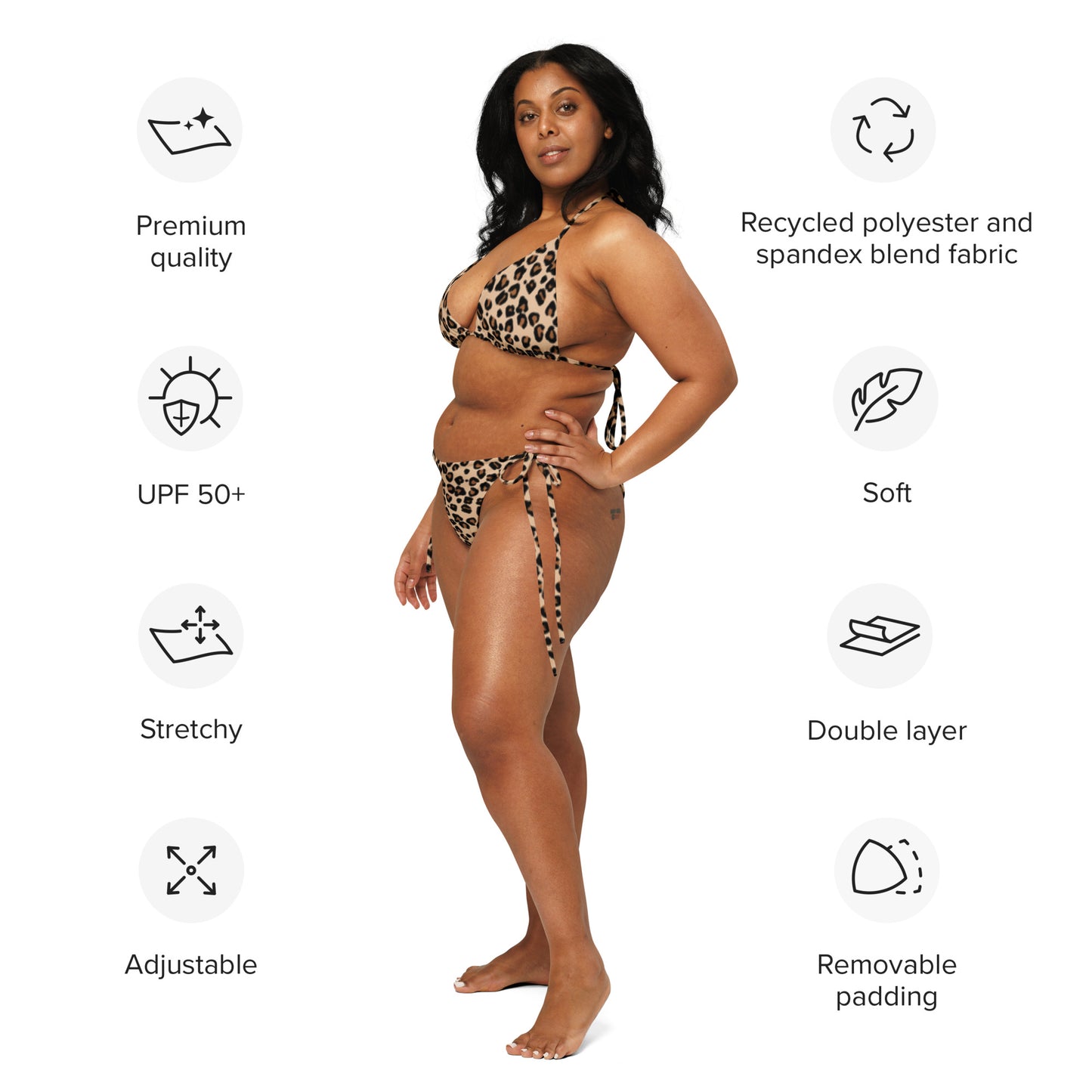 leopard print string bikini on woman featuring adjustable ties soft double layer fabric and UPF 50 plus protection