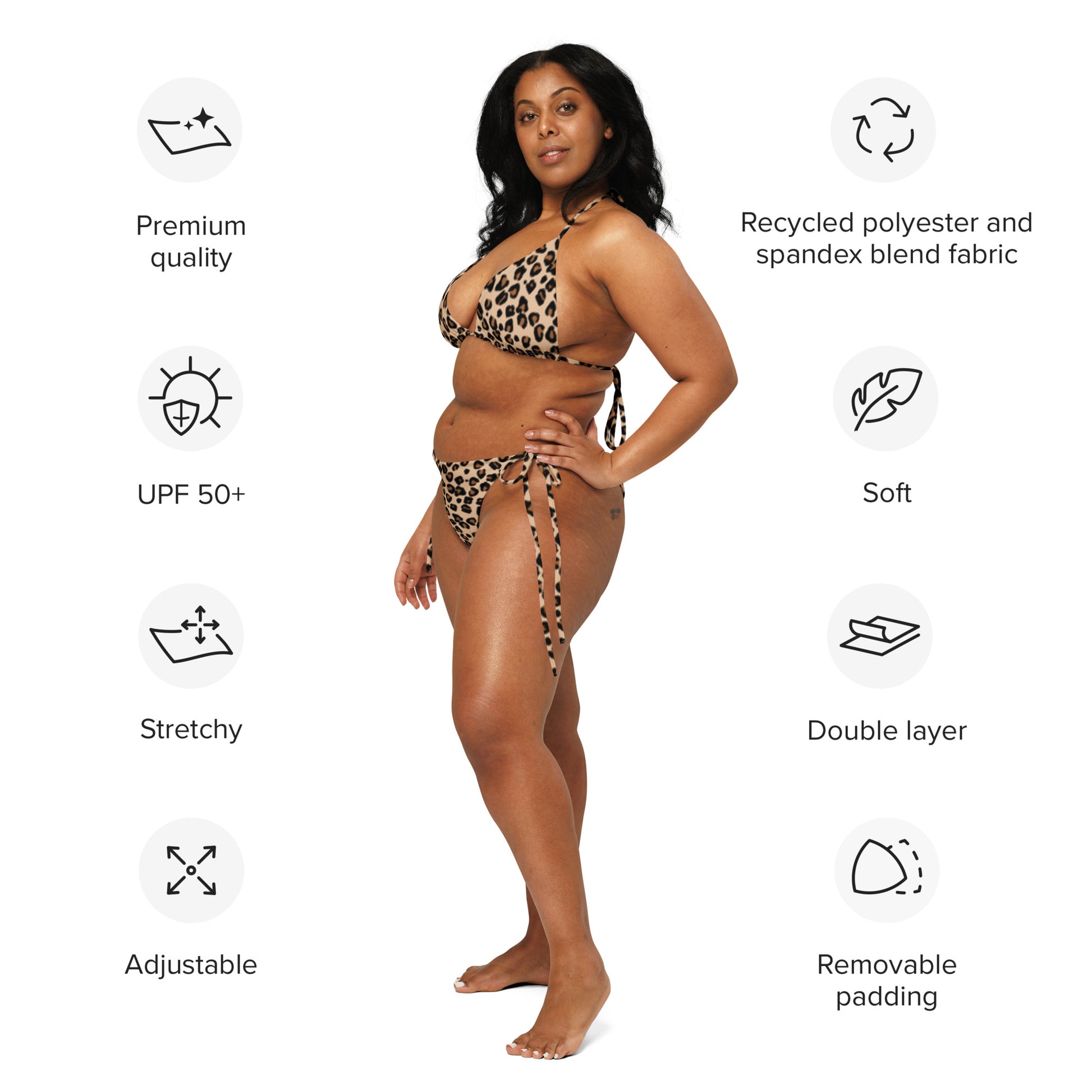leopard print string bikini on woman featuring adjustable ties soft double layer fabric and UPF 50 plus protection