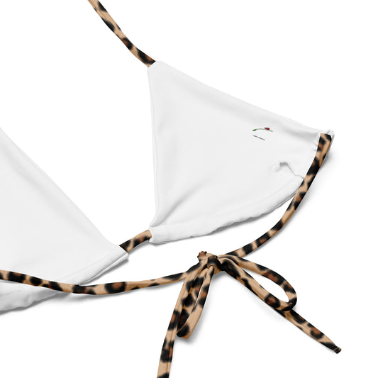 White bikini top with leopard print string ties leopard print string bikini