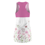 Luckeladybug lightweight racer back dress with pink floral design and butterfly accents on white