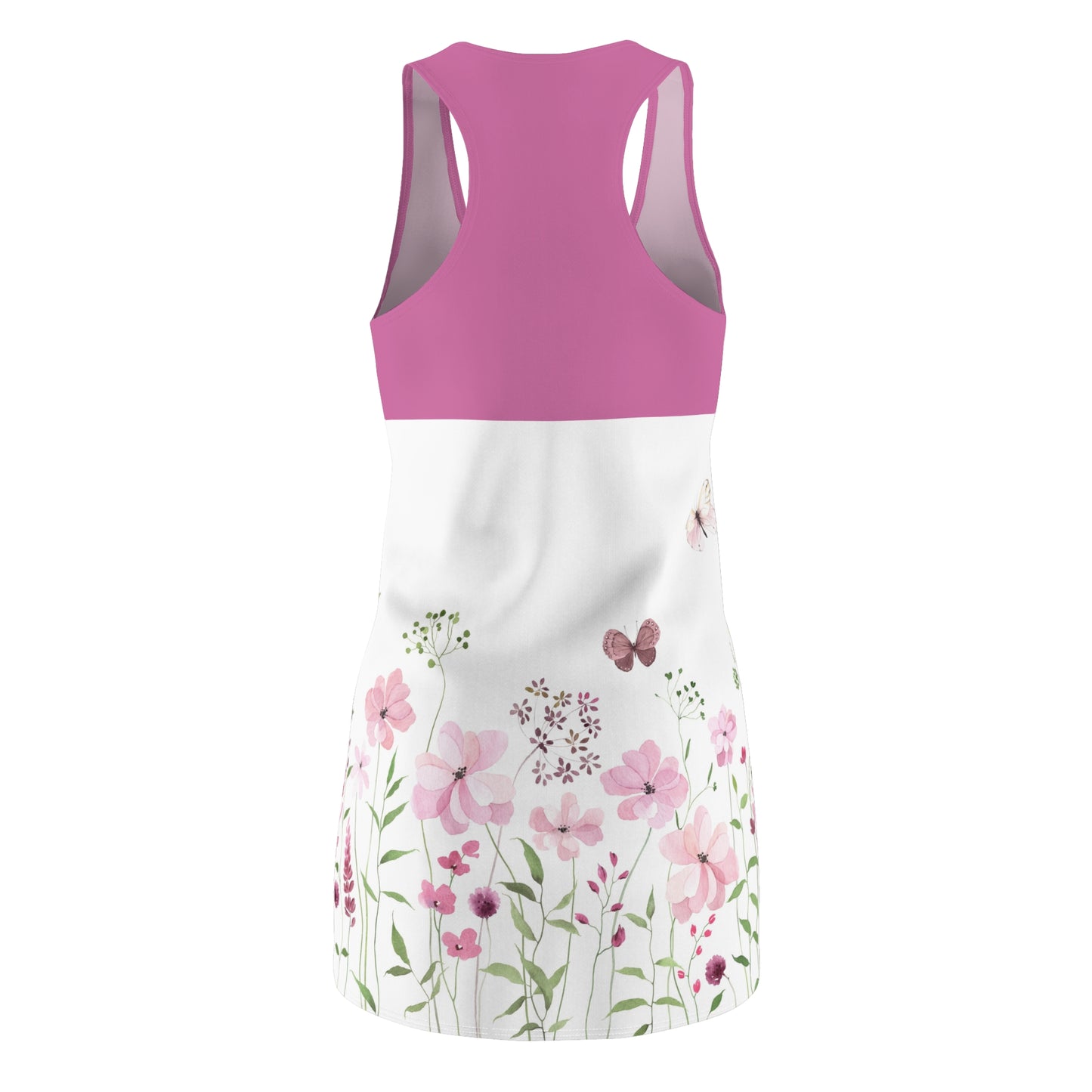 Luckeladybug lightweight racer back dress with pink floral design and butterfly accents on white