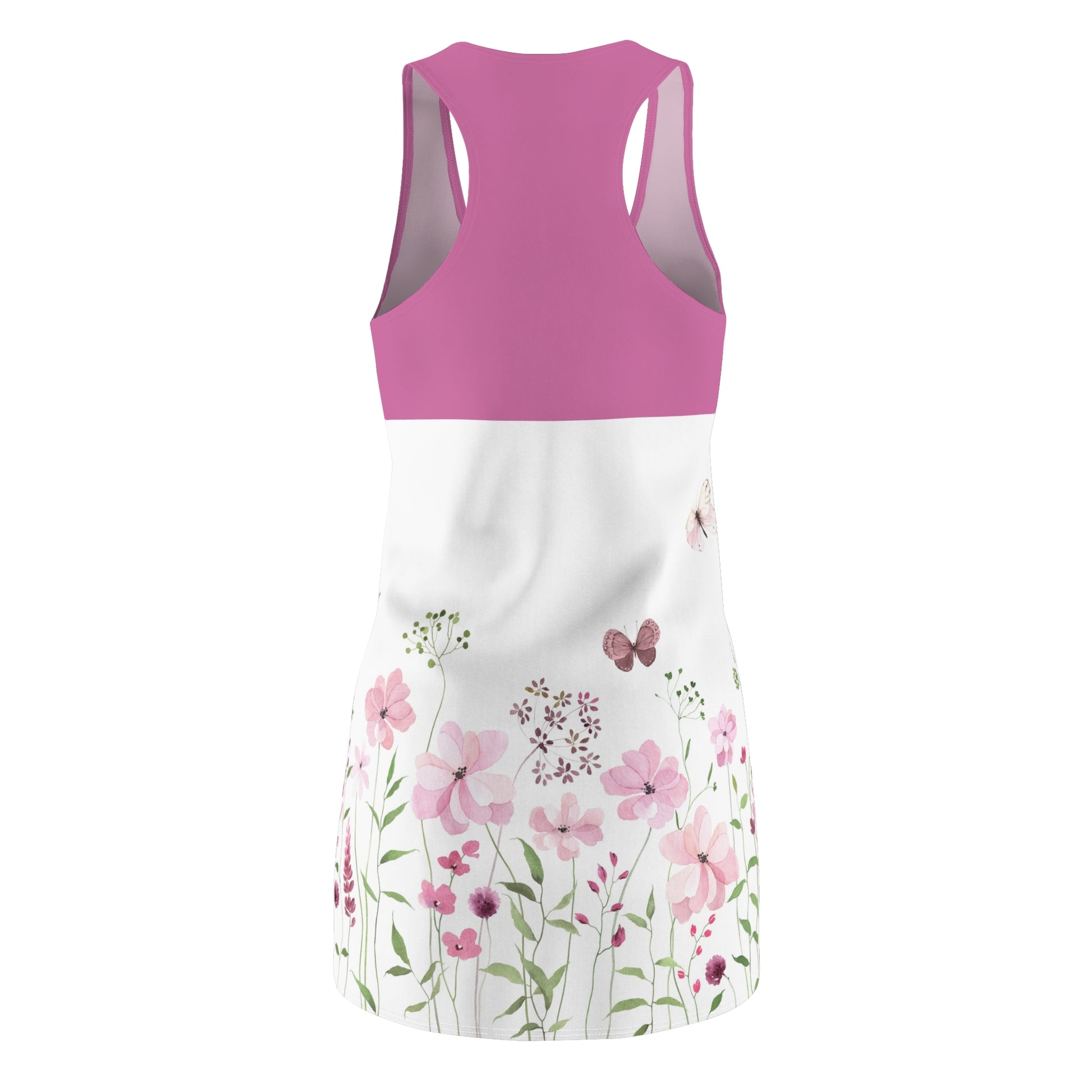 Luckeladybug lightweight racer back dress with pink floral design and butterfly accents on white