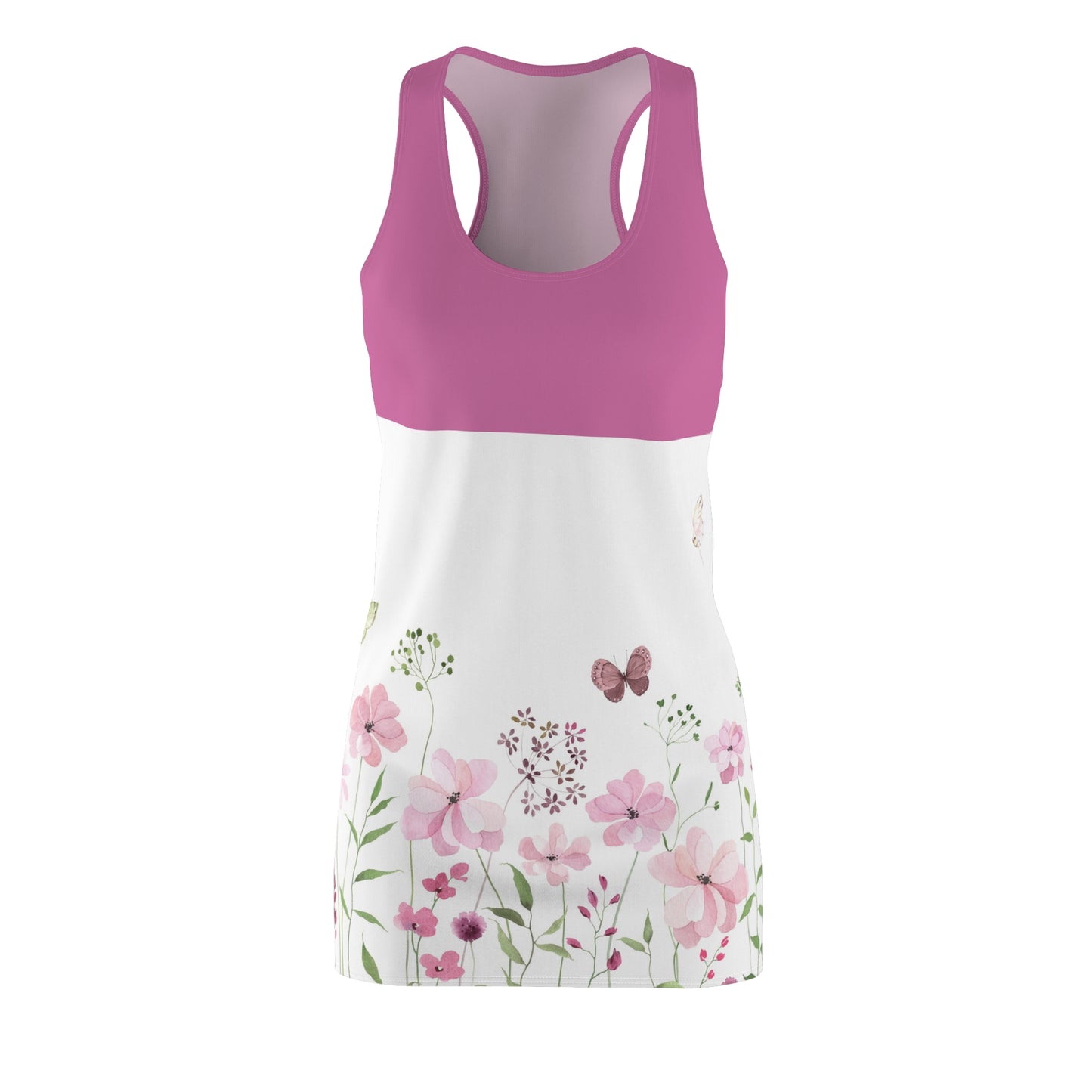 Luckeladybug lightweight racer back dress with pink top and floral print on white bottom