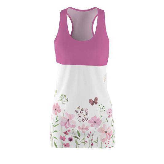 Luckeladybug lightweight racer back dress with pink top and floral print on white bottom