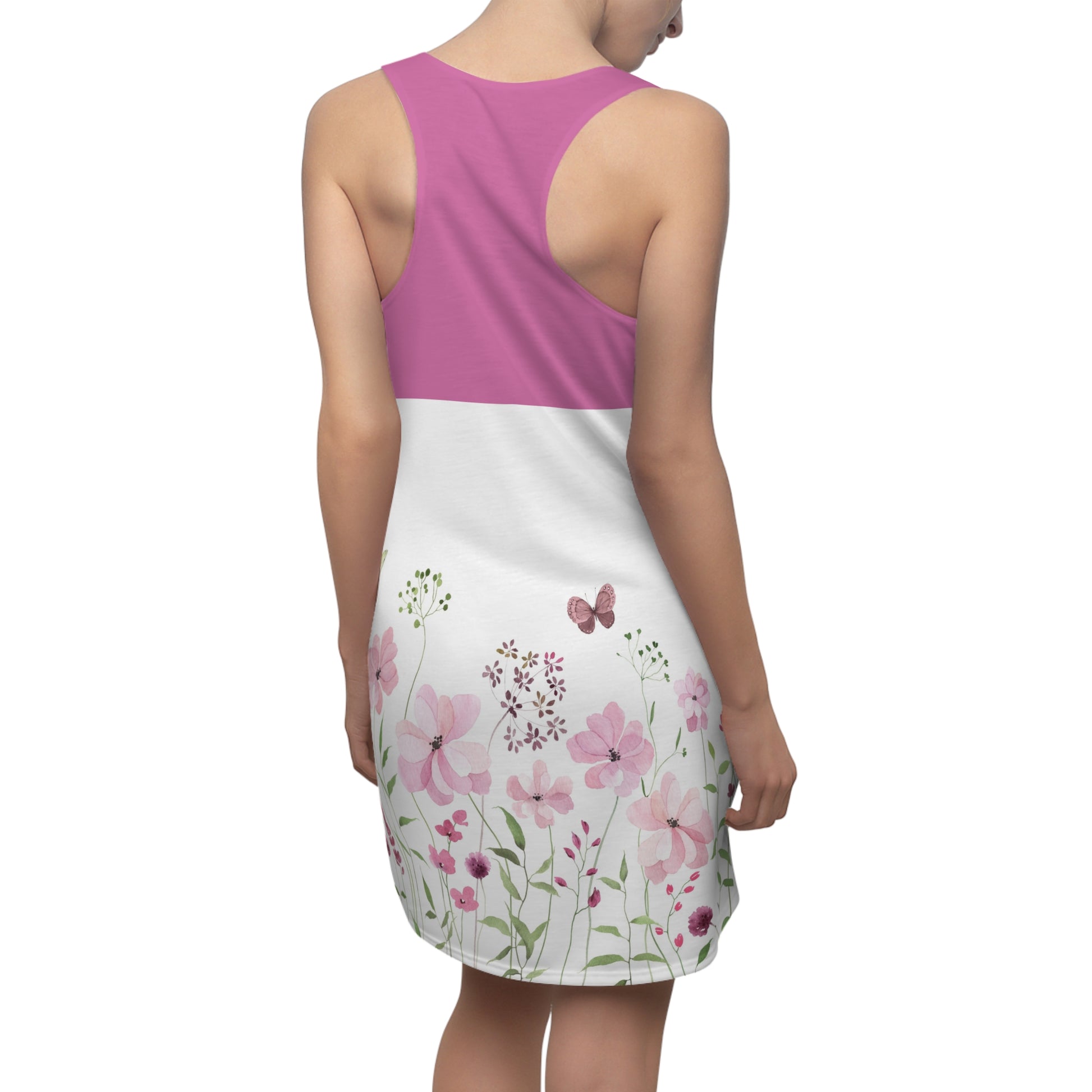 Luckeladybug lightweight racer back dress with pink top and floral print skirt featuring butterflies