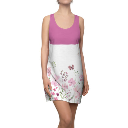 Luckeladybug lightweight racer back dress with pink top and floral design on white skirt