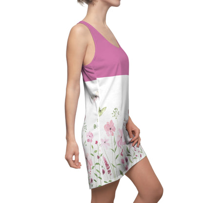 Luckeladybug lightweight racer back dress with pink top and floral print on white skirt