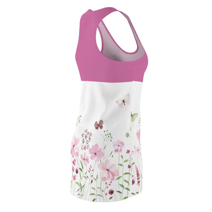 Luckeladybug lightweight racer back dress with pink top and floral butterfly print on white skirt