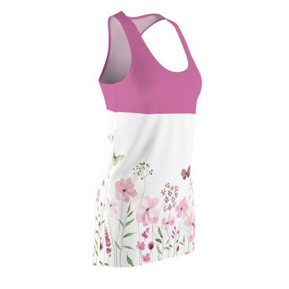 Luckeladybug lightweight racer back dress with pink top and floral white skirt design