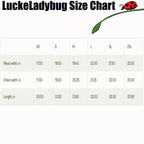 LuckeLadybug size chart for lightweight racer back dress showing measurements for XS to 2XL