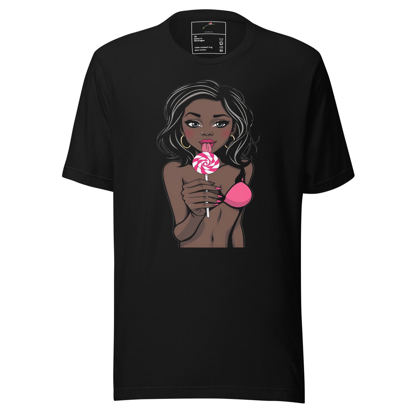 Black Printful T-shirt featuring woman holding a pink and white lollipop design shirt graphic