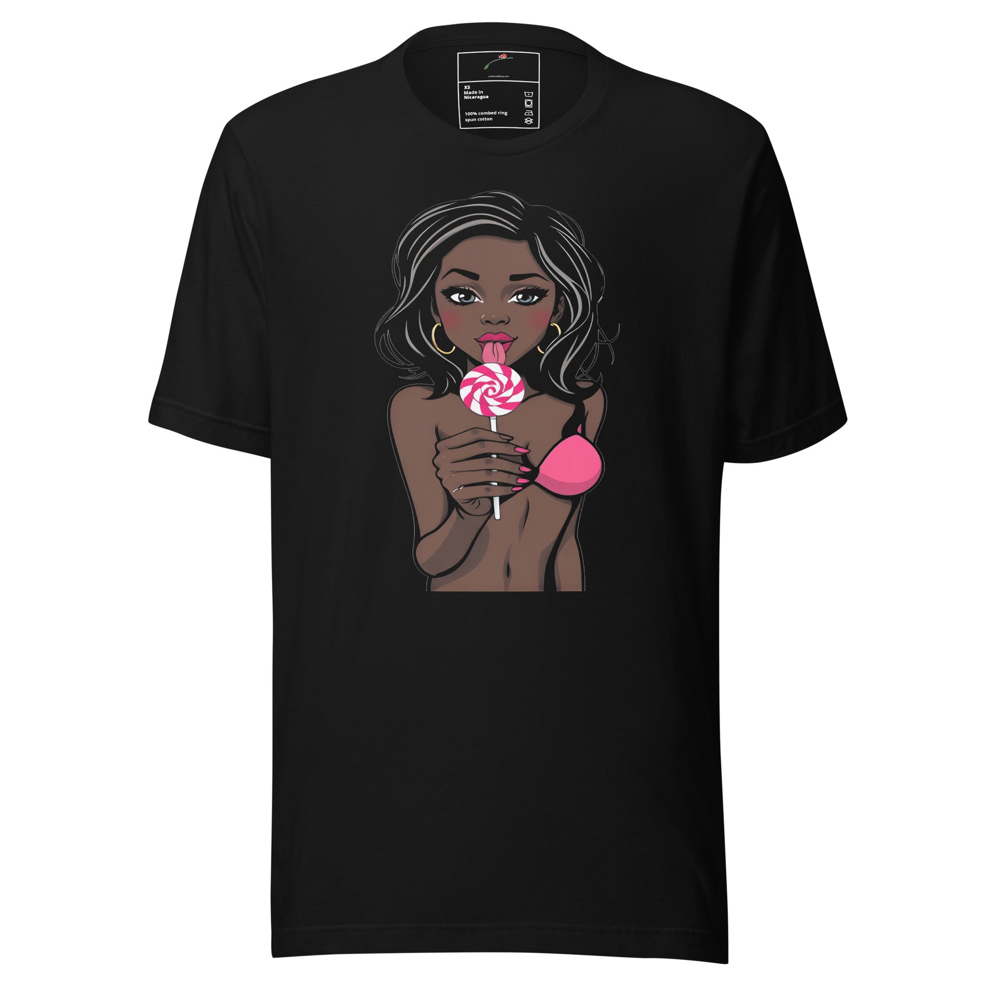 Black Printful T-shirt featuring woman holding a pink and white lollipop design shirt graphic