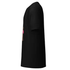 Black Printful t-shirt side view featuring a lollipop design shirt graphic on the front