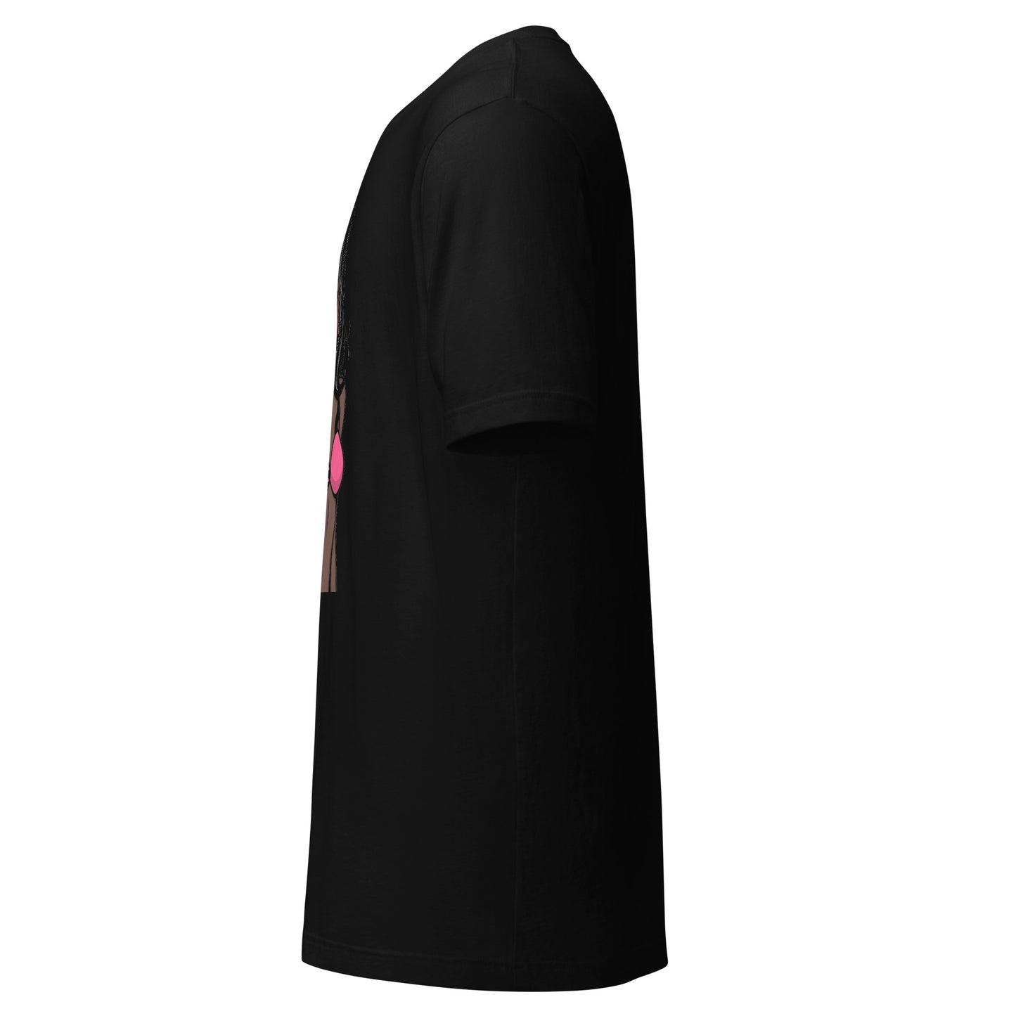 Black Printful t-shirt side view featuring a lollipop design shirt graphic on the front