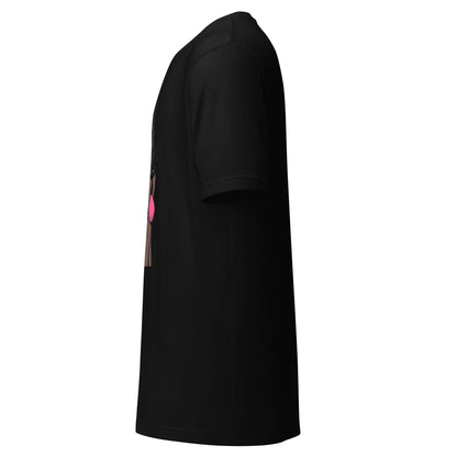 Black Printful t-shirt side view featuring a lollipop design shirt graphic on the front