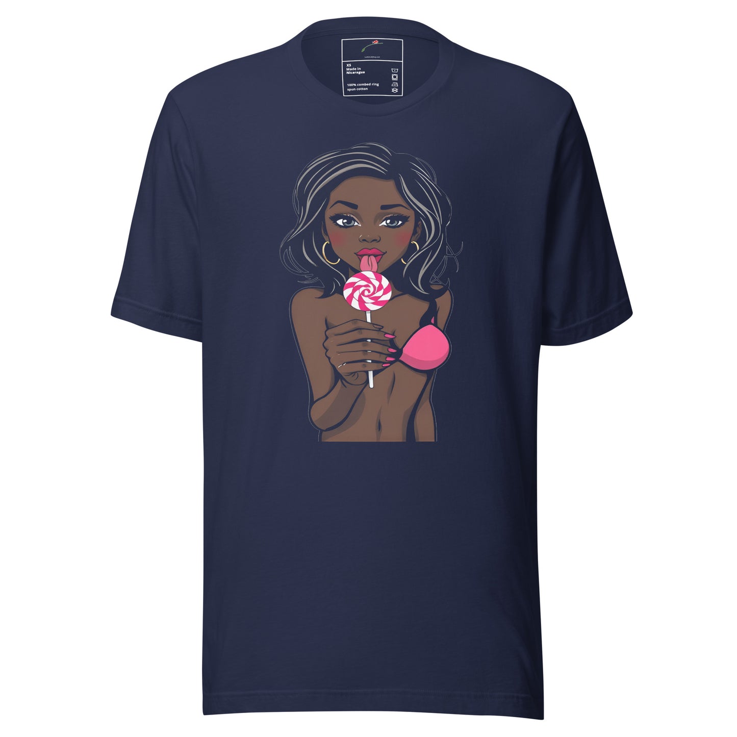 Navy Printful T-shirt featuring a woman holding a pink and white lollipop front design lollipop design shirt