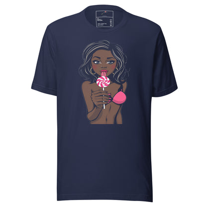 Navy Printful T-shirt featuring a woman holding a pink and white lollipop front design lollipop design shirt