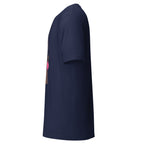Side view of navy blue Printful t-shirt featuring lollipop design shirt graphic