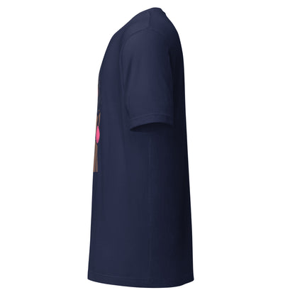 Side view of navy blue Printful t-shirt featuring lollipop design shirt graphic