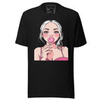 Black T-shirt with lollipop girl graphic t shirt design featuring a girl with white hair holding a pink lollipop