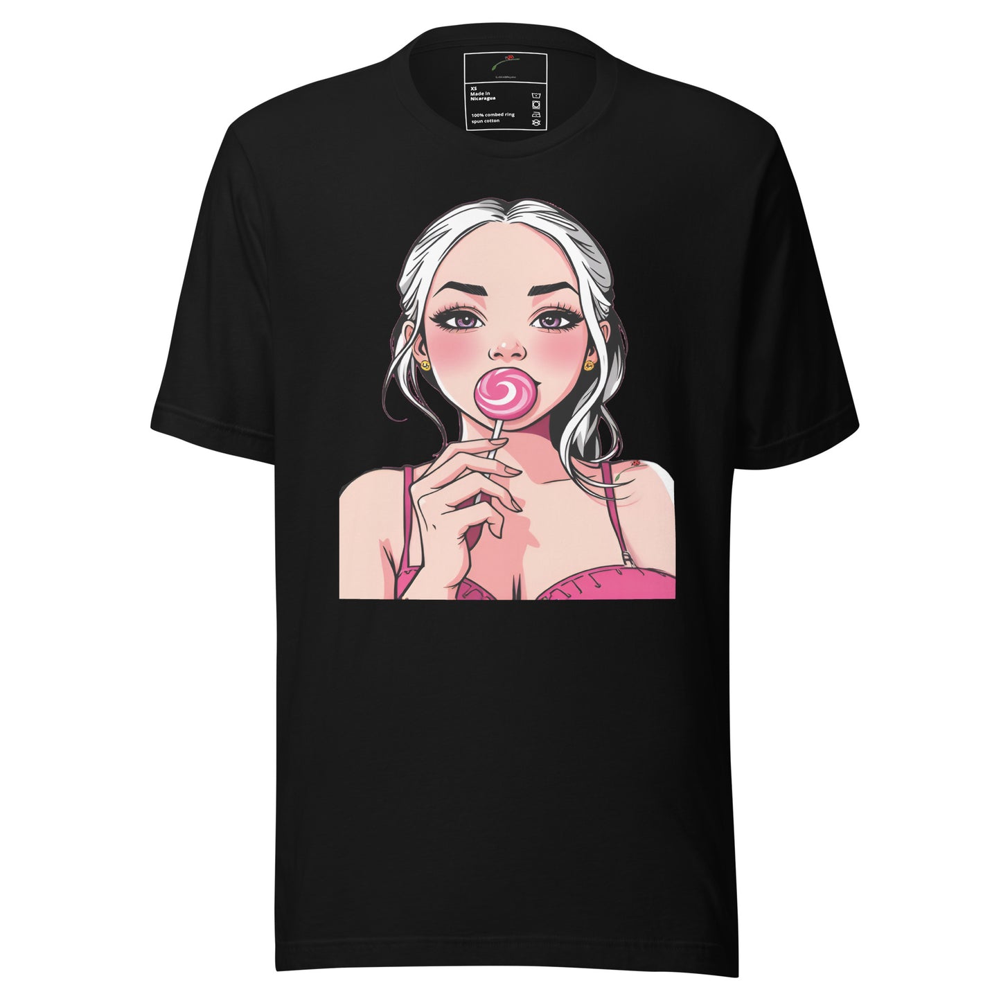 Black T-shirt with lollipop girl graphic t shirt design featuring a girl with white hair holding a pink lollipop