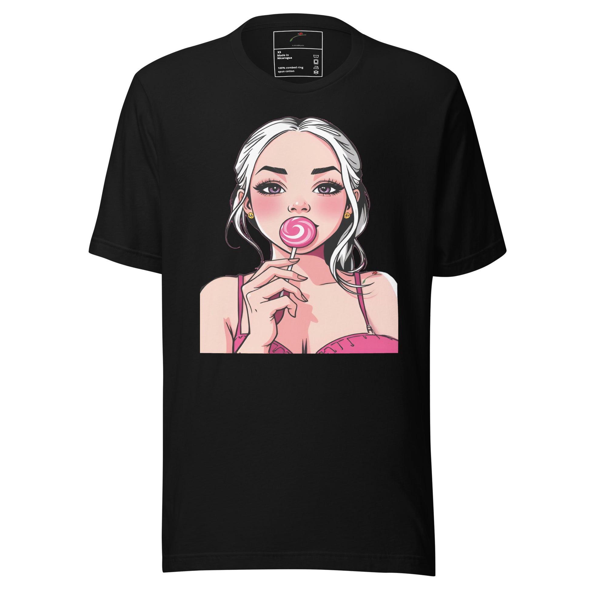 Black T-shirt with lollipop girl graphic t shirt design featuring a girl with white hair holding a pink lollipop