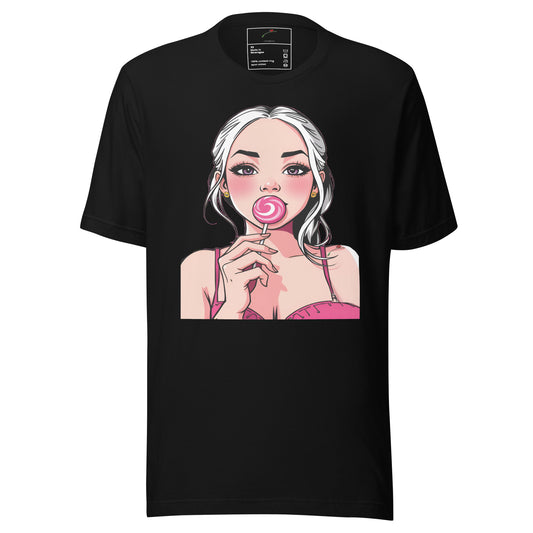 Black T-shirt with lollipop girl graphic t shirt design featuring a girl with white hair holding a pink lollipop