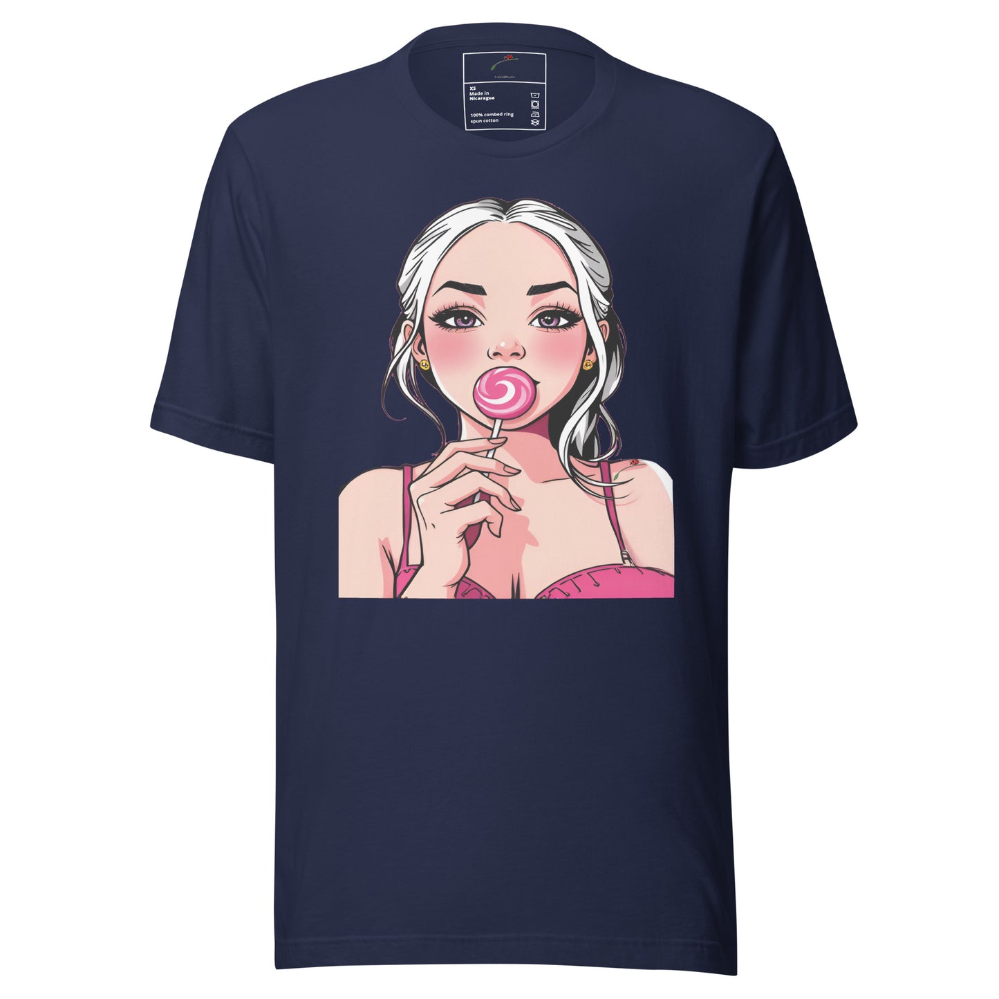 Navy blue lollipop girl graphic t shirt featuring a girl with white hair eating a pink lollipop