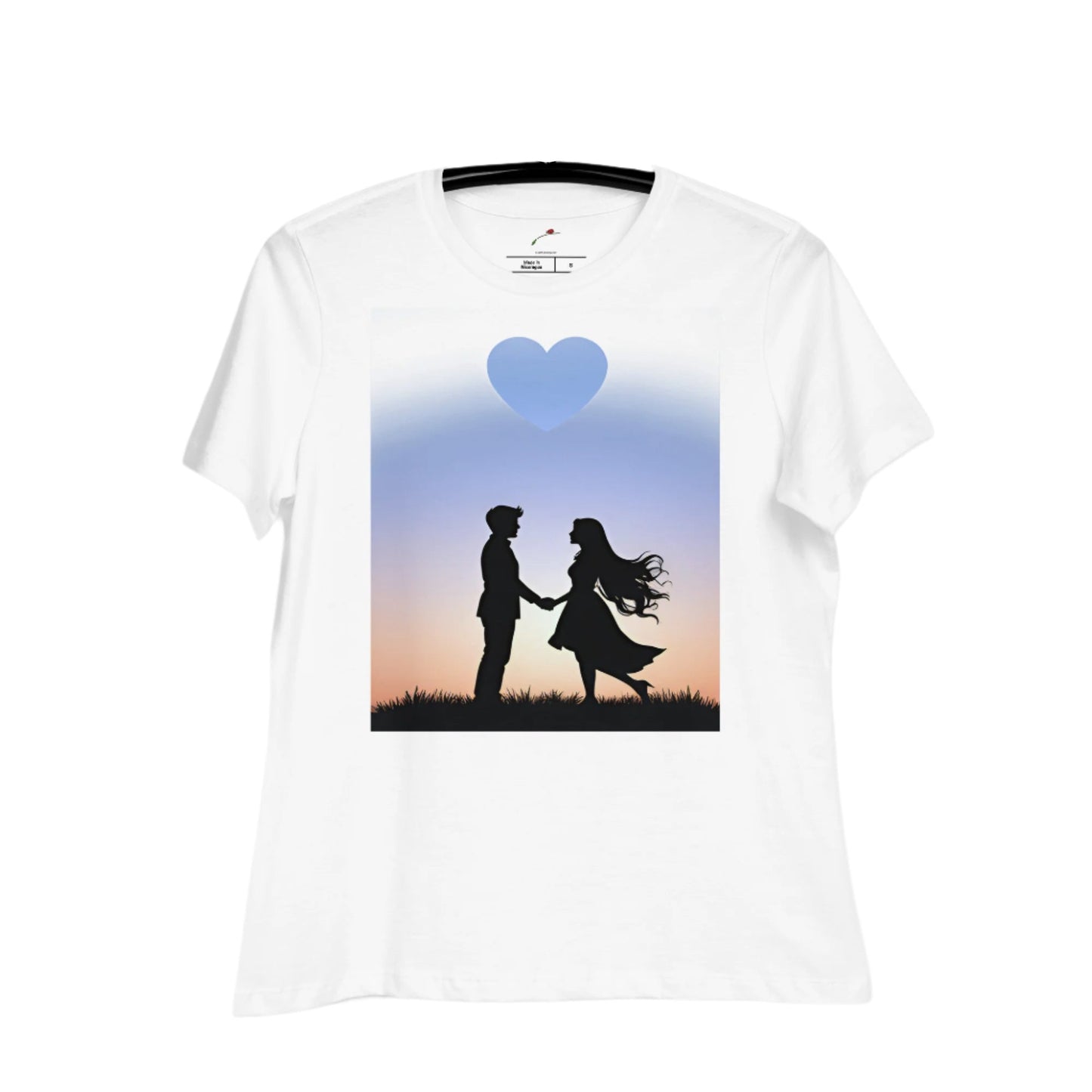 Printful love graphic t-shirt with silhouette couple holding hands under a blue heart on white tee